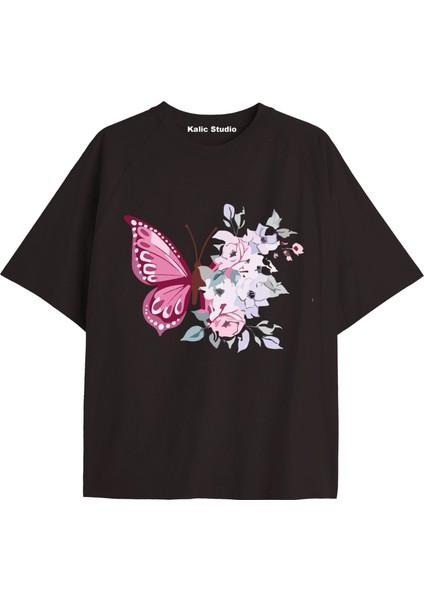 Tarzsokak Kadın Çiçek Özel Baskılı Renkli Oversize Penye Pamuklu Bisiklet Yaka T-Shirt