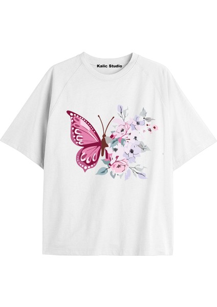 Tarzsokak Kadın Çiçek Özel Baskılı Renkli Oversize Penye Pamuklu Bisiklet Yaka T-Shirt