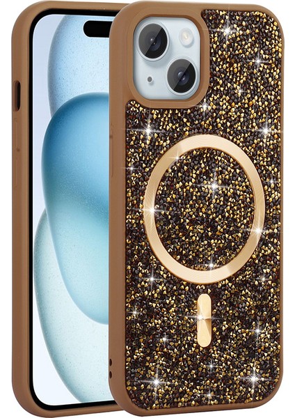 iPhone 15 Plus Kılıf Pırlanta Tasarımlı M-Safe Şarj Özellikli Mozaik Silikon Kılıf