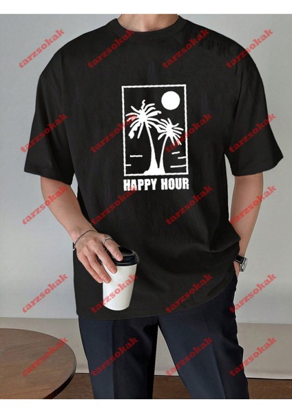 Minimal Palmiye Happy Baskılı Oversize Yıkamalı Tshirt Siyah