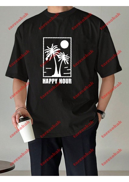 Minimal Palmiye Happy Baskılı Oversize Yıkamalı Tshirt Siyah modelleri