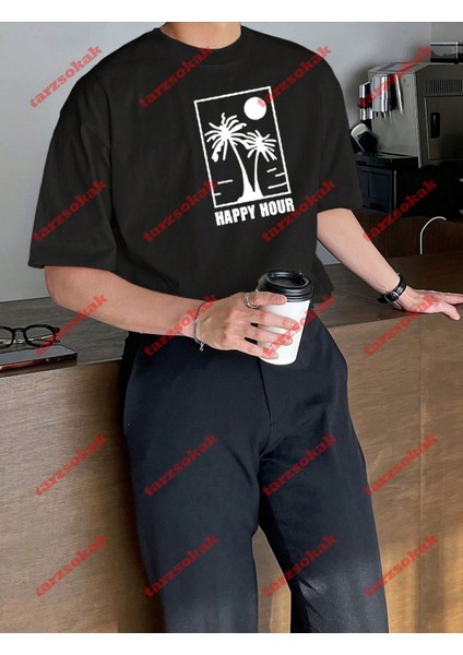 Minimal Palmiye Happy Baskılı Oversize Yıkamalı Tshirt Siyah fırsatları