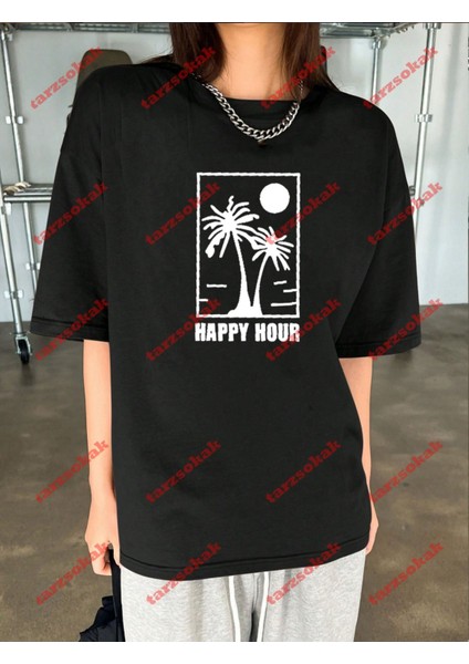 Minimal Palmiye Happy Baskılı Oversize Yıkamalı Tshirt Siyah indirimleri
