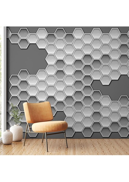 Gri 3 Boyutlu Geometrik Desenli Silinebilir Kumaş Duvar Kağıdı- En x Boy - Ev ve Ofis Dekor