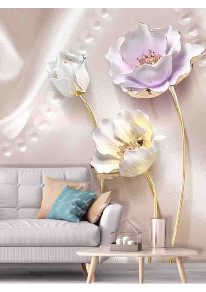 3 Boyutlu Güller Desen Dayanıklı Silinebilir Sağlıklı Tekstil Duvar Kağıdı