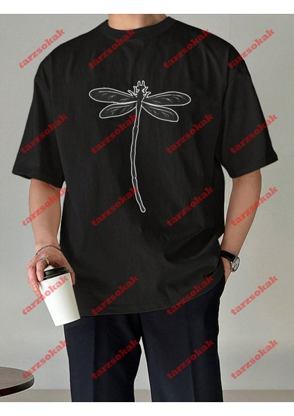 Minimal Yusufçuk Baskılı Oversize Yıkamalı Tshirt Siyah modelleri