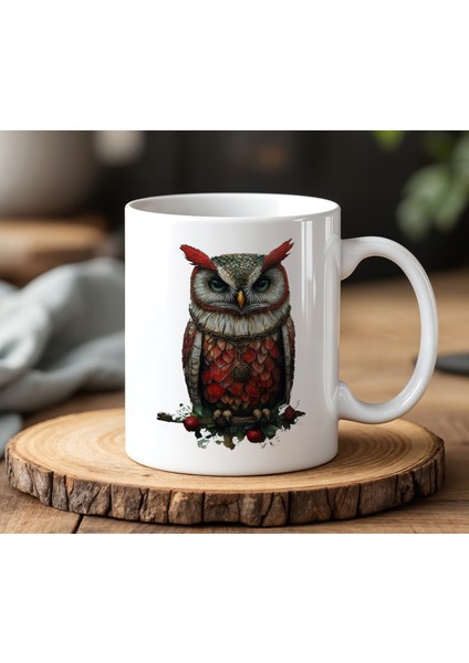 BB Desing Kırmızı Baykuş Tasarımlı Beyaz Seramik Baskılı Kupa Bardak 330 ml