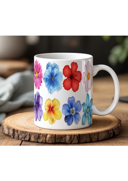 BB Desing Renkli Çiçekler Tasarımlı Beyaz Seramik Baskılı Kupa Bardak 330 ml