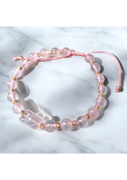 Pembe Kuvars (Sevgi Taşı) Doğal Taş Makrome Örgülü Bileklik