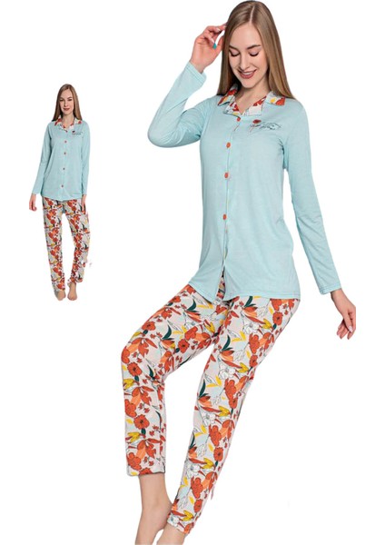 Kadın Düğmeli Uzun Kol Pijama Takımı Senfoni - 10274