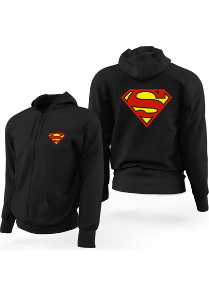 Superman Klasik Logo Siyah Fermuarlı Limited Edition Kapşonlu Sweatshirt