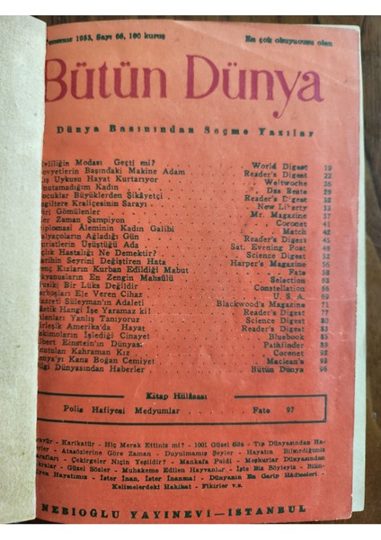 Bütün Dünya Dergisi Cildinde 1953 Tarihli. Orijinal Dönem