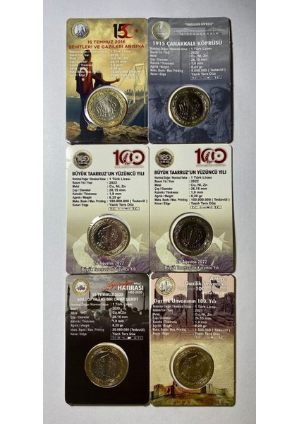 6 'lı Hatıra 1 Lira Para Kiti Seti, Ayasofya, Antep, Çanakkale, 15 Temmuz, 2'li Büyük Taarruz Çil