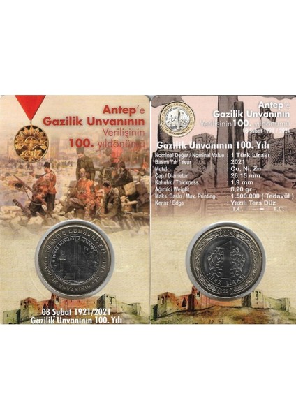 Gaziantep’e Gazilik Ünvanı’nın Verilişi’nin 100. Yıl Dönümü 2021 Yılı 1 Lira Hatıra Para ve Kiti