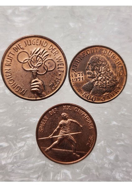 3 Adet Alman 2cm Çap Madalya 1972 Yılına Ait. Ufak Boy 3 Adet Alman
