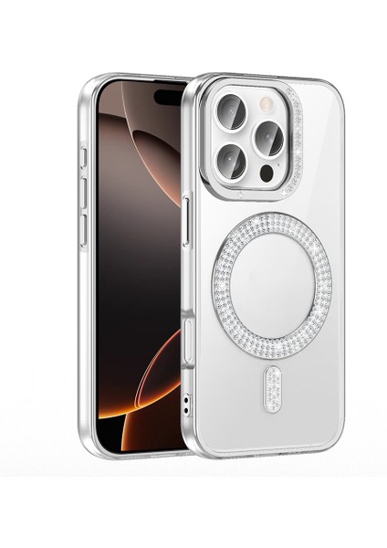 iPhone 16 Pro Kılıf Pırlanta Taş Tasarımlı M-Safe Şarj Özellikli Karetta Silikon Kılıf