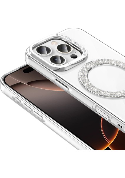 iPhone 16 Pro Kılıf Pırlanta Taş Tasarımlı M-Safe Şarj Özellikli Karetta Silikon Kılıf