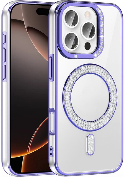 iPhone 16 Pro Kılıf Pırlanta Taş Tasarımlı M-Safe Şarj Özellikli Karetta Silikon Kılıf
