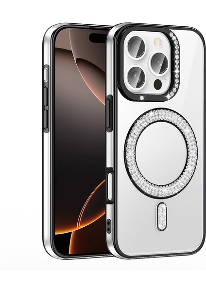 iPhone 16 Pro Kılıf Pırlanta Taş Tasarımlı M-Safe Şarj Özellikli Karetta Silikon Kılıf