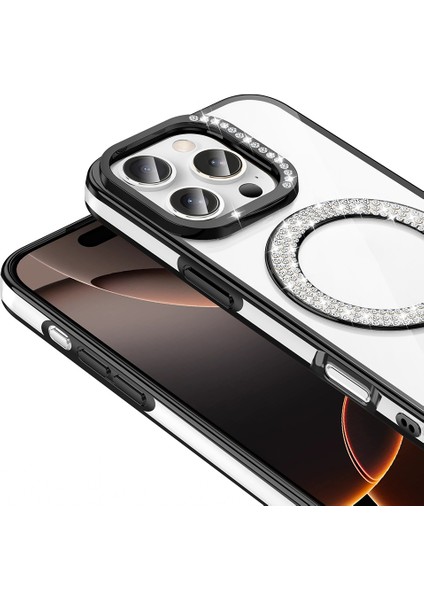 iPhone 16 Pro Kılıf Pırlanta Taş Tasarımlı M-Safe Şarj Özellikli Karetta Silikon Kılıf