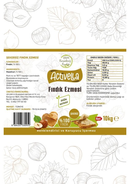 Şekersiz Fındık Ezmesi 10KG %100 Fındıklı