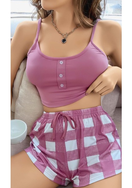Kadın Pembe Kareli Desenli Askılı Şortlu Pijama Takım