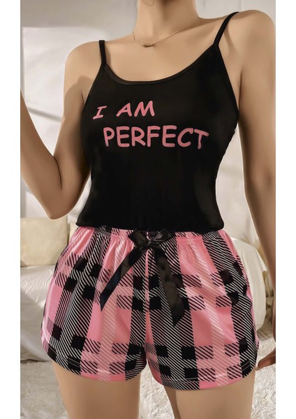 Kadın Siyah Kare Desenli Askılı Şortlu Pijama Takım