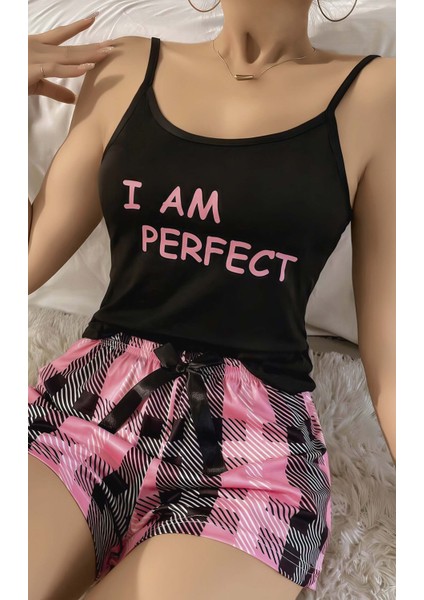 Kadın Siyah Kare Desenli Askılı Şortlu Pijama Takım