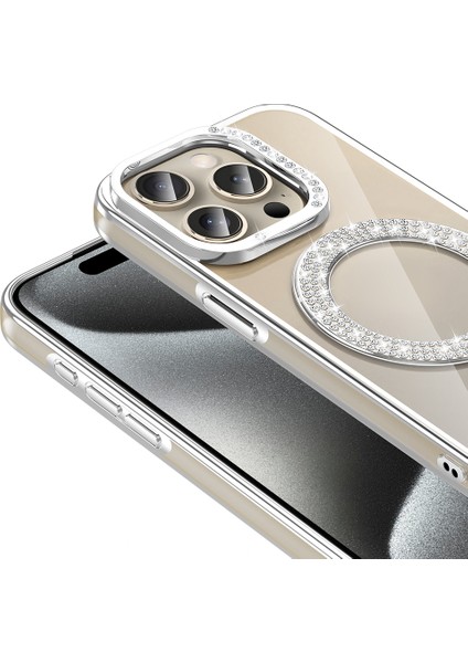 iPhone 15 Pro Max Kılıf Pırlanta Taş Tasarımlı M-Safe Şarj Özellikli Karetta Silikon Kılıf