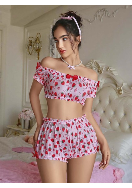 Kadın Pembe Çilek Desenli Sexy Kostüm
