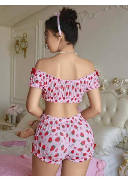 Kadın Pembe Çilek Desenli Sexy Kostüm modelleri