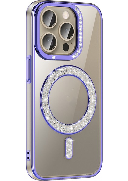 iPhone 15 Pro Max Kılıf Pırlanta Taş Tasarımlı M-Safe Şarj Özellikli Karetta Silikon Kılıf