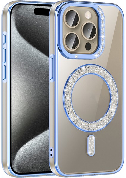 iPhone 15 Pro Max Kılıf Pırlanta Taş Tasarımlı M-Safe Şarj Özellikli Karetta Silikon Kılıf
