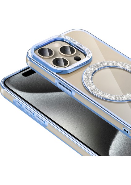 iPhone 15 Pro Max Kılıf Pırlanta Taş Tasarımlı M-Safe Şarj Özellikli Karetta Silikon Kılıf