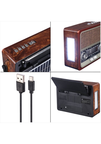 Nostalji Radyo LED Fener Işıklı Retro Bluetooth Hoparlör Usb/tf/aux + Solar Panel Güneş Enerjili Şarjlı Batarya