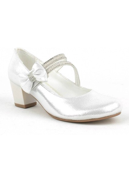 Gümüş Kurdeleli Taşlı Kız Çocuk Topuklu Abiye Ayakkabı