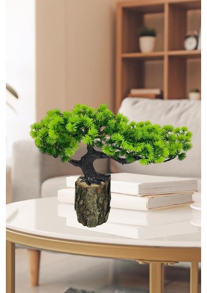 Yapay Çiçek Bonsai Ağacı Kütük Saksıda Yatık Akasya Dekoratif Yapay Ağaç Bonzai 30*20 cm
