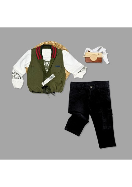 Yelek-Cep Detaylı Pantolon-Baskılı Sweat 3’lü Takım