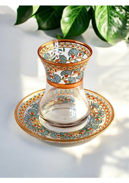 Çay Bardağı Seti 6'Lı 12 Parça Topkapı Çini Desenli Altın Yaldızlı
