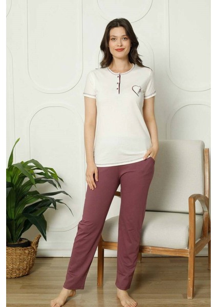 Kadın Bisiklet Yaka 3 Düğmeli Pamuk Penye Kısa Kol Cepli Pijama Takımı