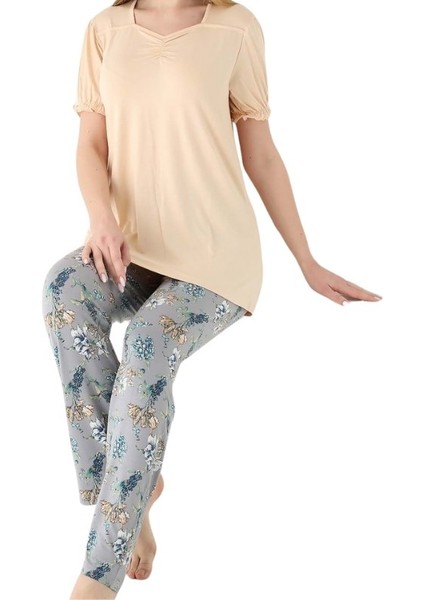 Kadın Düğmesiz Kol Detaylı Likra Viskon Kısa Kol Tunik Pijama Takımı