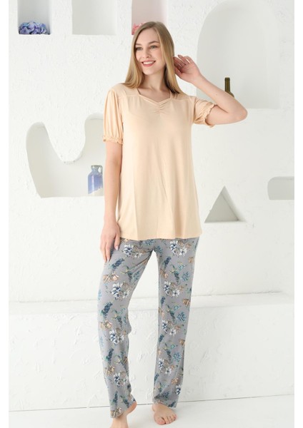 Kadın Düğmesiz Kol Detaylı Likra Viskon Kısa Kol Tunik Pijama Takımı