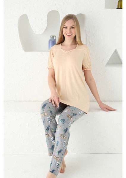 Kadın Düğmesiz Kol Detaylı Likra Viskon Kısa Kol Tunik Pijama Takımı