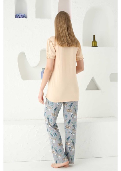 Kadın Düğmesiz Kol Detaylı Likra Viskon Kısa Kol Tunik Pijama Takımı