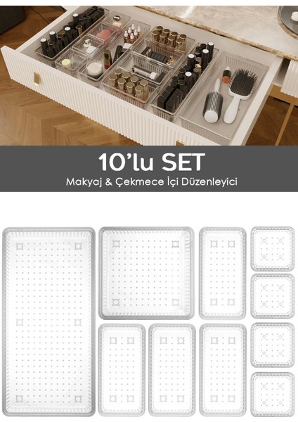 10'lu Çekmece Içi Çok Amaçlı Organizer -Kozmetik Takı Makyaj Organizeri Dolap Içi Düzenleyici Şeffa
