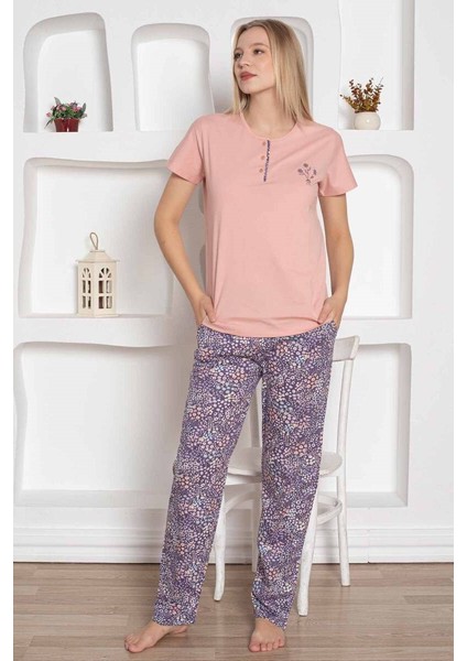 Kadın Çiçek Desen Bisiklet Yaka 3 Düğmeli Kısa Kol Cepli Pijama Takımı