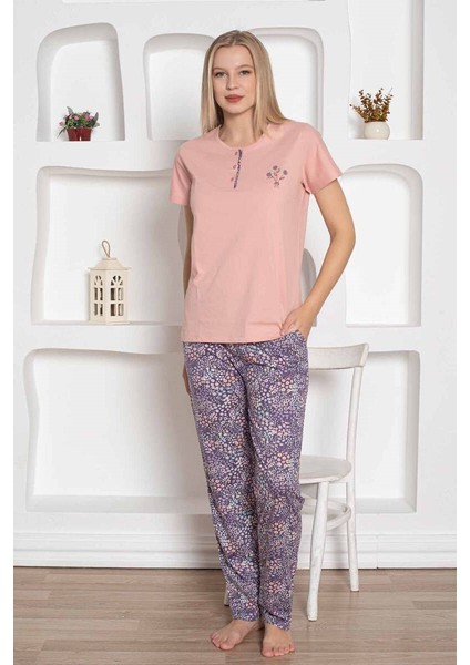 Kadın Çiçek Desen Bisiklet Yaka 3 Düğmeli Kısa Kol Cepli Pijama Takımı indirimleri