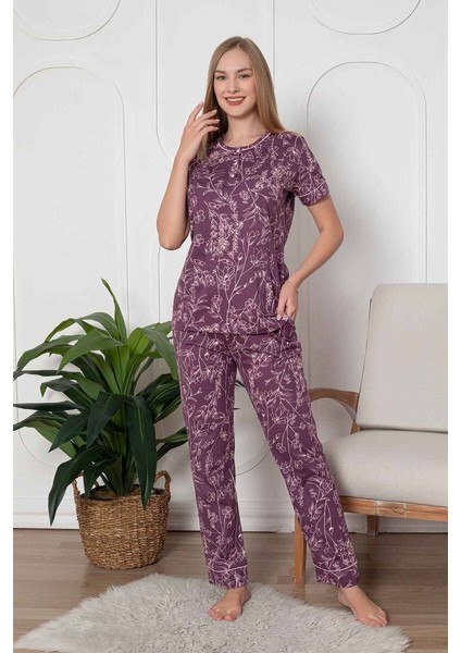 Kadın Çiçek Desen Bisiklet Yaka 3 Düğmeli Kısa Kol Cepli Pijama Takımı