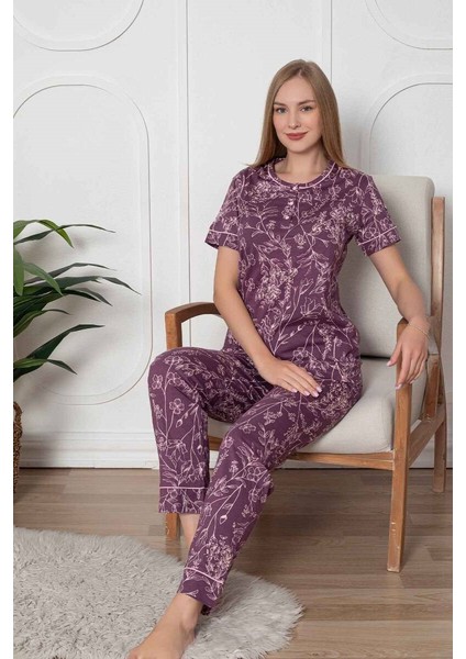Kadın Çiçek Desen Bisiklet Yaka 3 Düğmeli Kısa Kol Cepli Pijama Takımı fırsatları