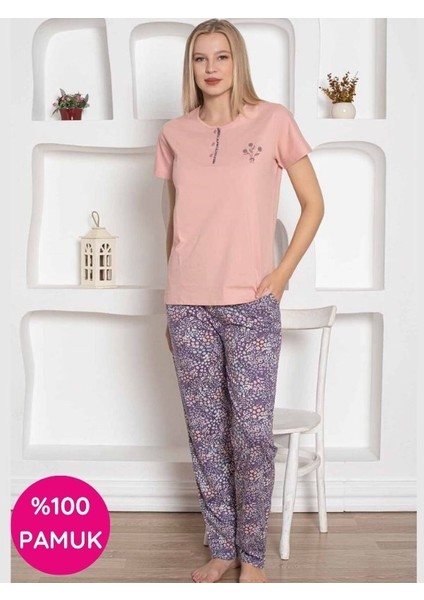 Kadın Çiçek Desen Bisiklet Yaka 3 Düğmeli Kısa Kol Cepli Pijama Takımı